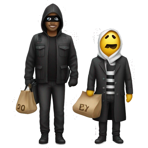 a person with robber costume, bag of money in back emoji