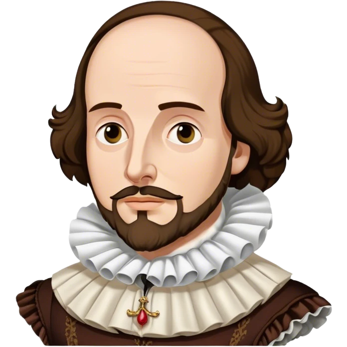 Cinematic Realistic portrait of William Shakespeare, depicted as an iconic playwright in richly detailed Elizabethan attire with a ruffled collar, expressive eyes, and a thoughtful gaze, bathed in dramatic historical lighting that evokes the Bard’s timeless legacy emoji