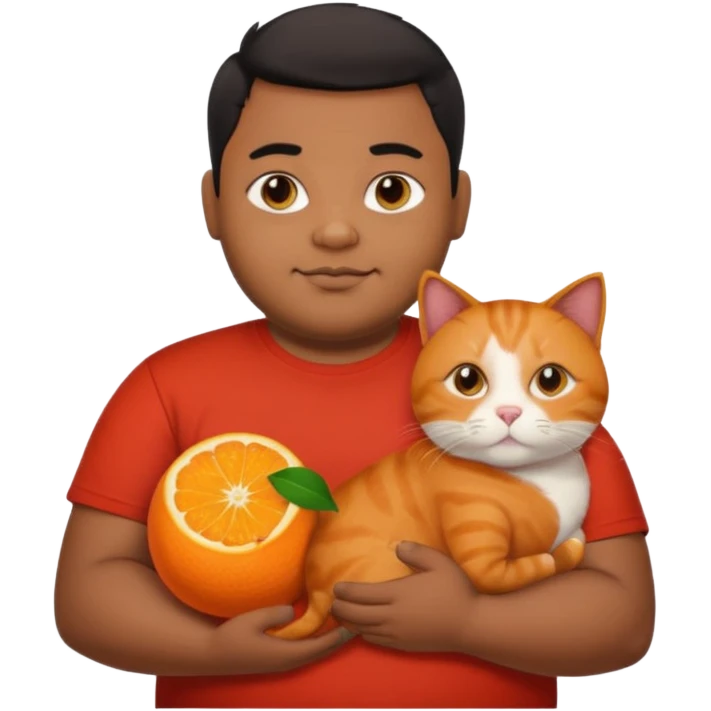 Indian black chubby guy with black middle parted hair in red t-shit with orange cat, age-24 emoji