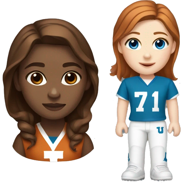 Brown hair, pale skin, blue eyes, woman. Wearing University of Texas Longhorn clothes emoji