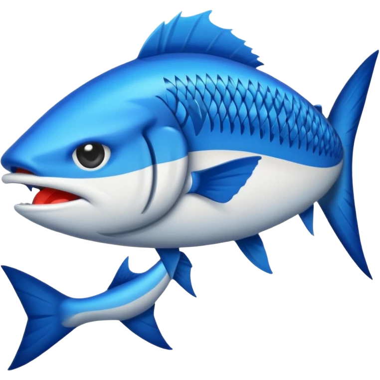 Emoji de poisson barracuda stylisé, dessin cartoon, bleu avec lettres ‘BARRACUDA’ dans le corps, expression féroce.” emoji