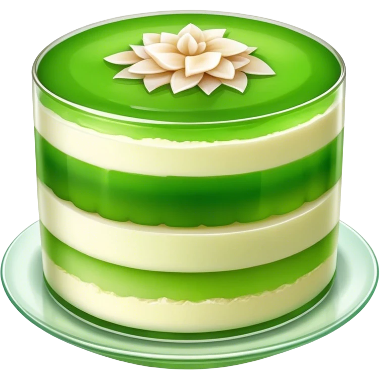 Coconut Pandan Jelly Cinematic Realistic Coconut Pandan Jelly Dessert Emoji, depicted as a layered jelly with distinct strata of coconut and pandan flavors, rendered with delicate textures and vibrant, tropical lighting. emoji
