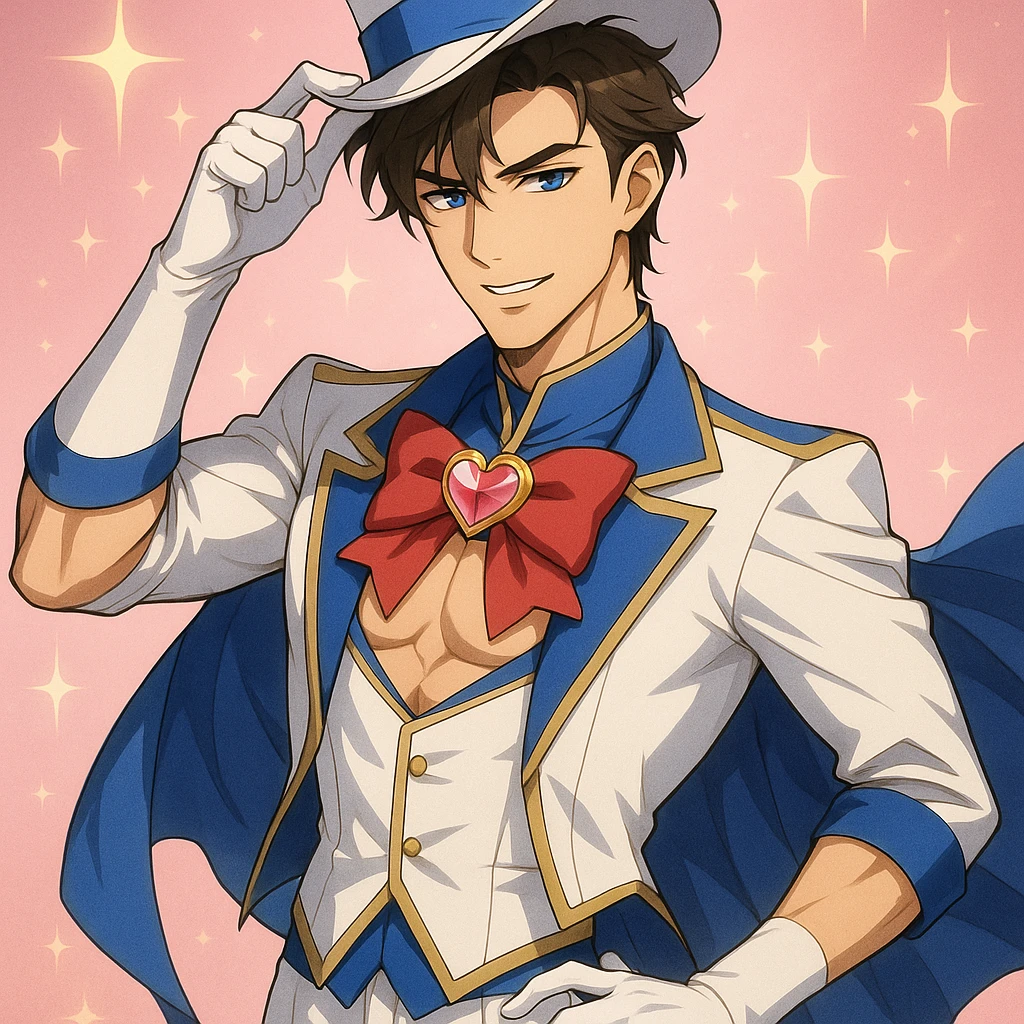 anime style handsome man with light skin in magical boy cosplay, charming and hot emoji