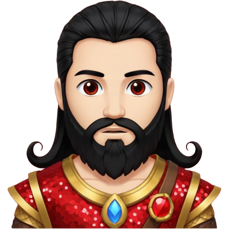 Mars, God of War from Gods and Goddesses with long black hair and beard, red and black sequin outfit, light tan skin emoji