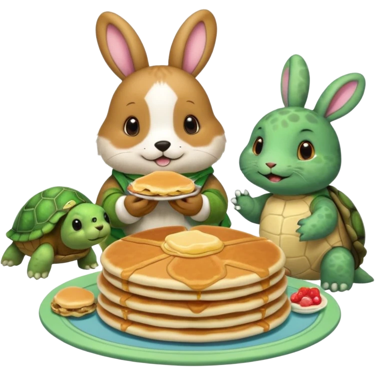 A seal, dog, bunny and turtle together eating pancakes emoji