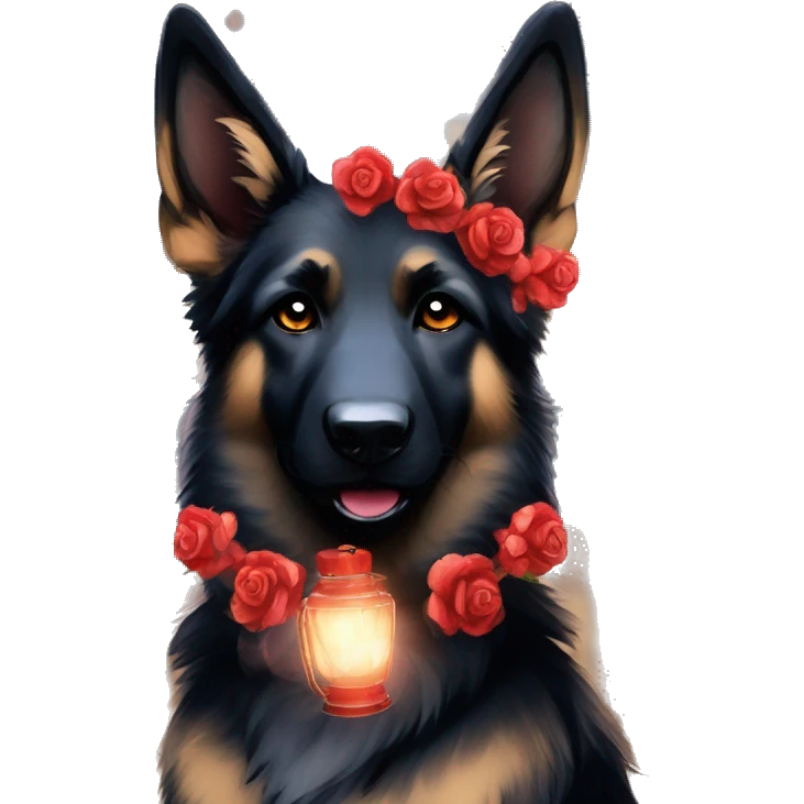 Bokeh Midnight starry night stars dark Brindled striped brindle black German shepherd fox carrying glowing red lantern, fairy lights, rose flower crown, bokeh lights, out of focus blur emoji