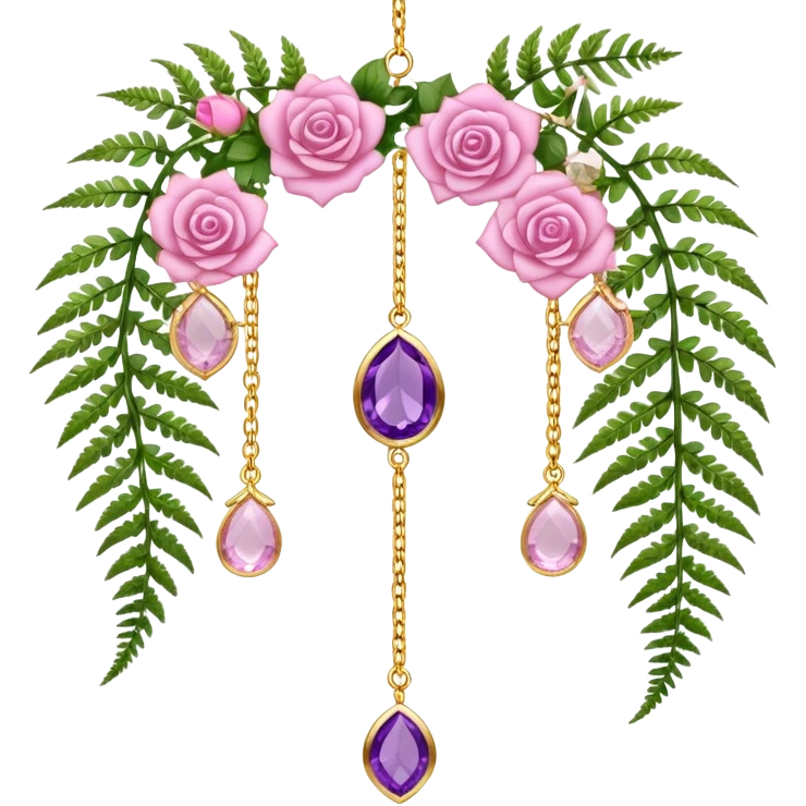 Hanging suncatcher, gold chains with shiny sparkly amethyst and rose-quartz gemstones, roses, fern-leaves  emoji