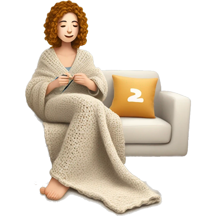 26 year old white woman with wavy hair. She is crocheting a garment with a crochet hook and ball of yarn is near her. She is laying on the couch, under a blanket that covers her body and legs. Near her there is a cup of tea emoji