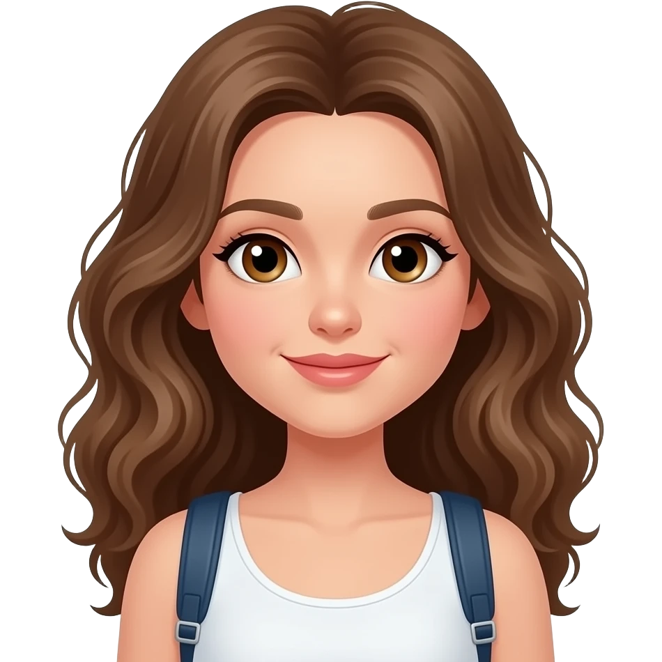 white girl with brown eyes and long curly hair on vacation with a suitcase emoji