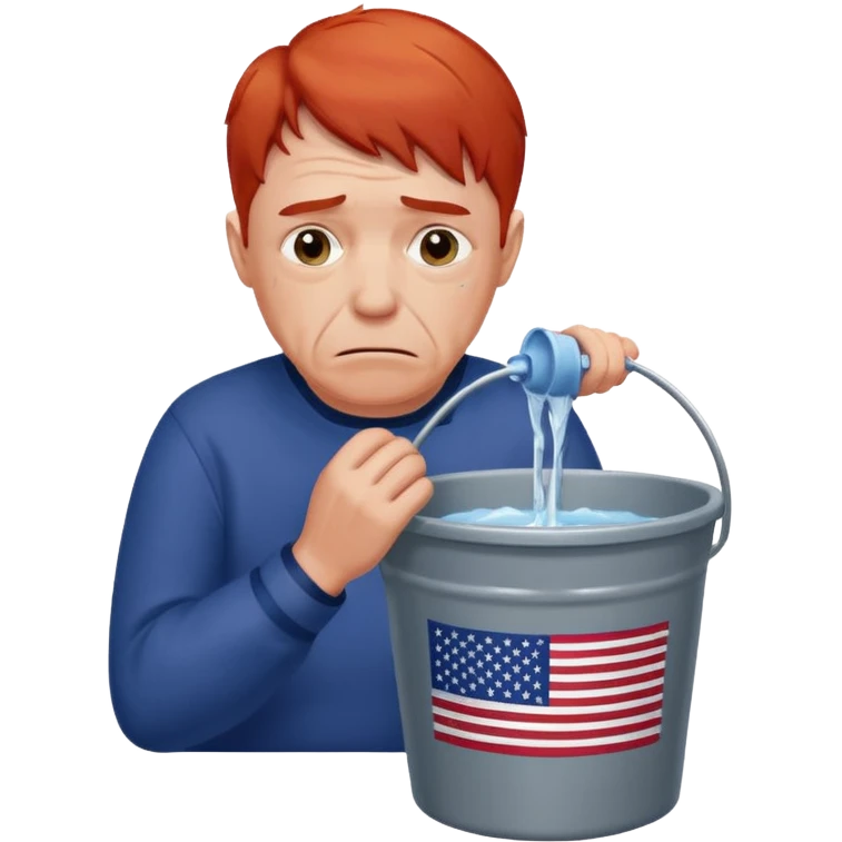short red haired older man crying into bucket with USA flag on it emoji