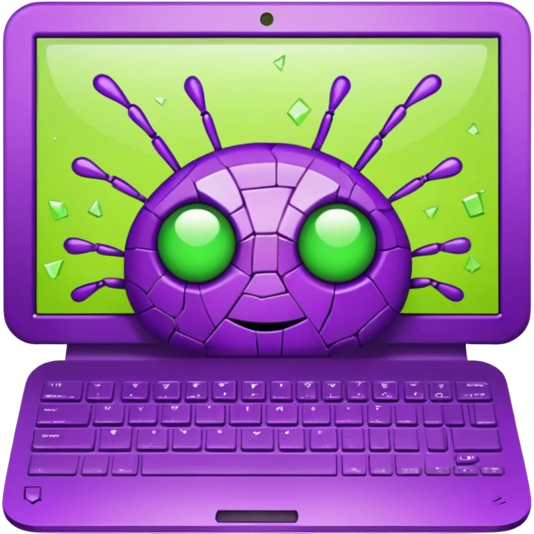 Broken computer screen with poxelated bugs. Color scheme is purple and limegreen emoji
