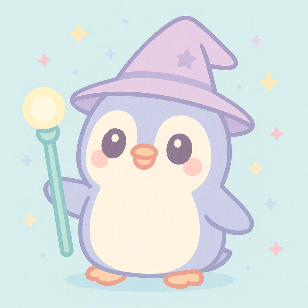cute penguin wizard with magical staff, wearing a wizard hat, fantasy style, adorable emoji