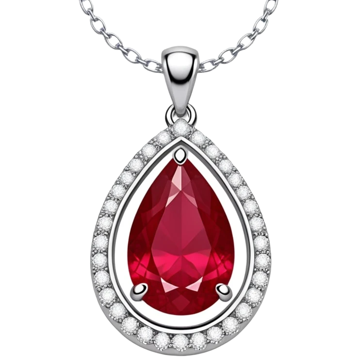 teardrop-shaped ruby pendant cradled in a delicate silver chain, haloed by shimmering white stones emoji