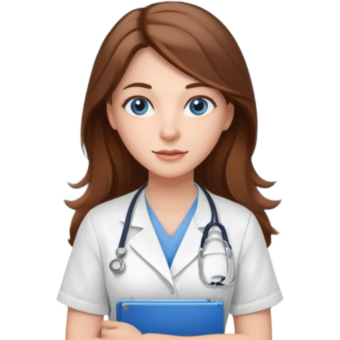 inside a classroom at university that says nursing school on the board with a pretty female nursing student with long brown hair, blue eyes emoji