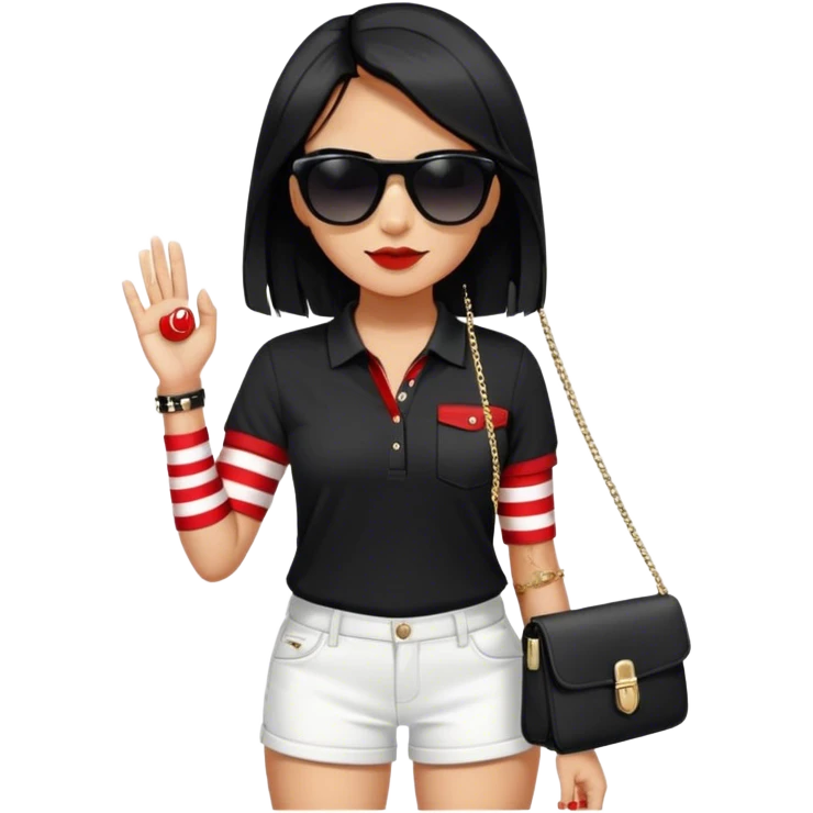 She wears a black Polo - shirt adorned with red - and - white stripes on the sleeves, paired with simple white shorts. Her long, jet - black hair, and the black sunglasses . With a black chain - strap bag slung across her body and accessories glinting on her wrist emoji