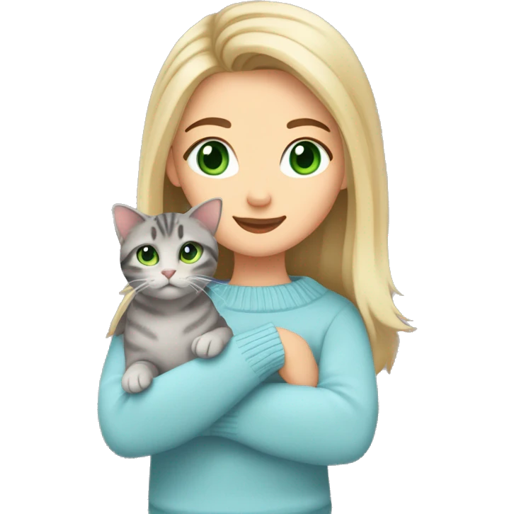 Blond chin lenght hair girl with middle part and green eyes in a light blue sweater holding a grey tabby cat with white paws and face emoji