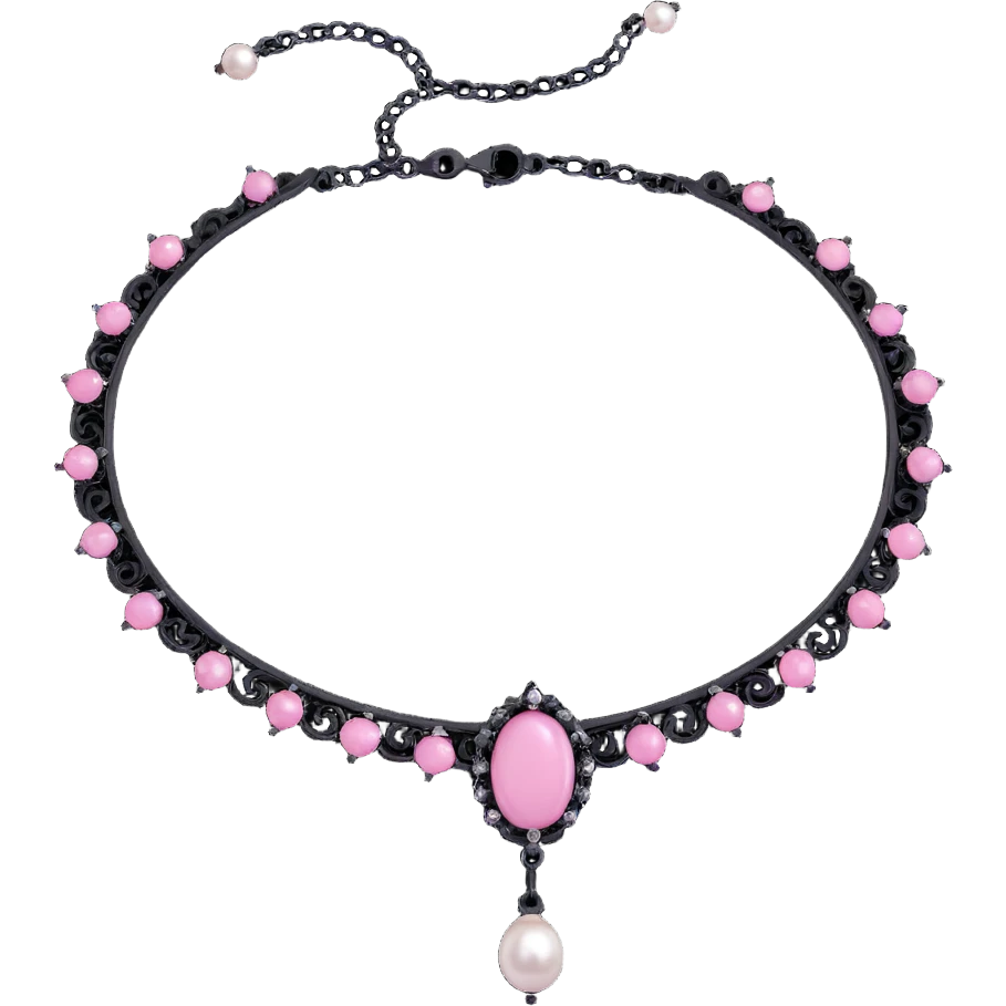realistic 3D gothic choker with pearls, black and pink gemstones, minimal and elegant emoji