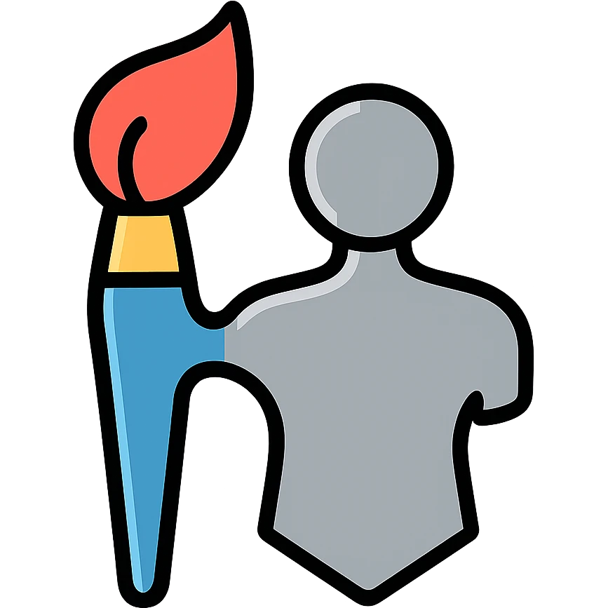 A paintbrush transforming into a metallic human figure silhouette, artistic identity symbol emoji