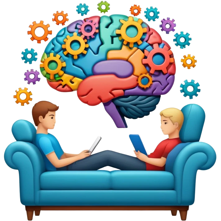 An icon featuring a brain with gears, a mind map, and a therapy couch, symbolizing psychology. The design includes a set of mental health tools and a silhouette of a person in deep thought, representing understanding the human mind. Transparent background emoji