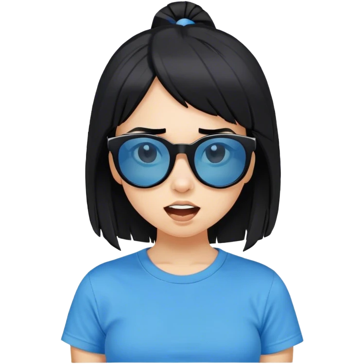 A girl with black bob hair with pony, wearing black sunglasses，funny(0.5) face (0.5)，wacky expression, a blue t-shirt. pony emoji