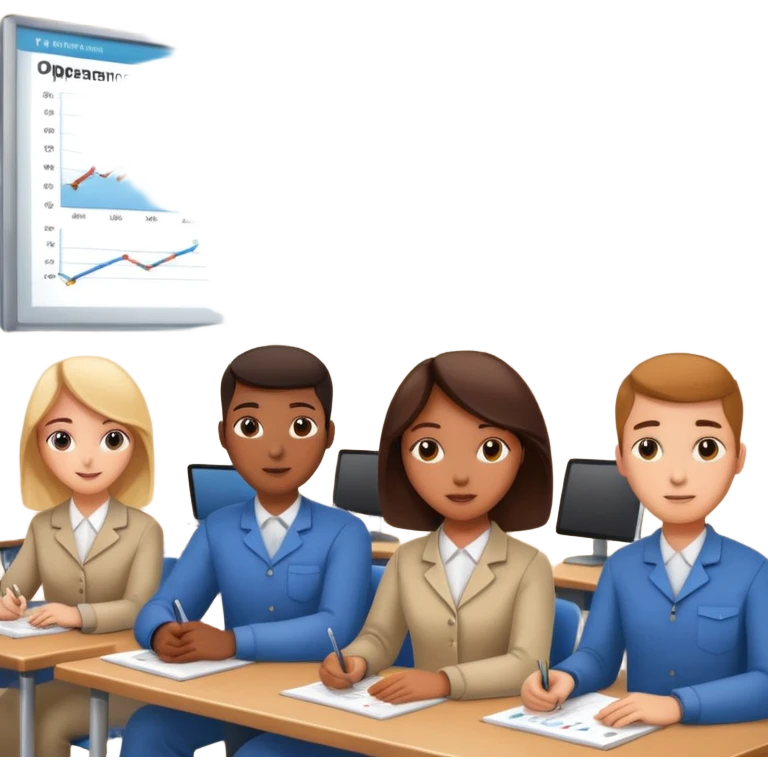 university classroom with students learning about operations management with charts and machinery emoji