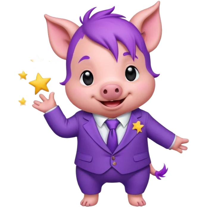 Sticker, a small cute funny purple piglet with purple hair, wearing a purple suit decorated with stars, ((cheerful, laugh)), surrounded by white outline, on transparent background emoji