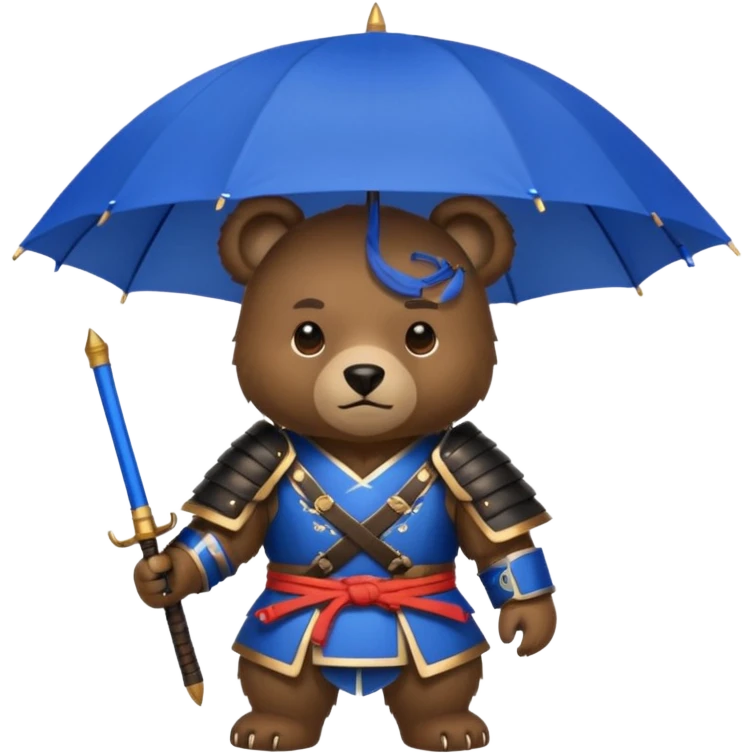 Bear with blue umbrella, wearing samurai emoji