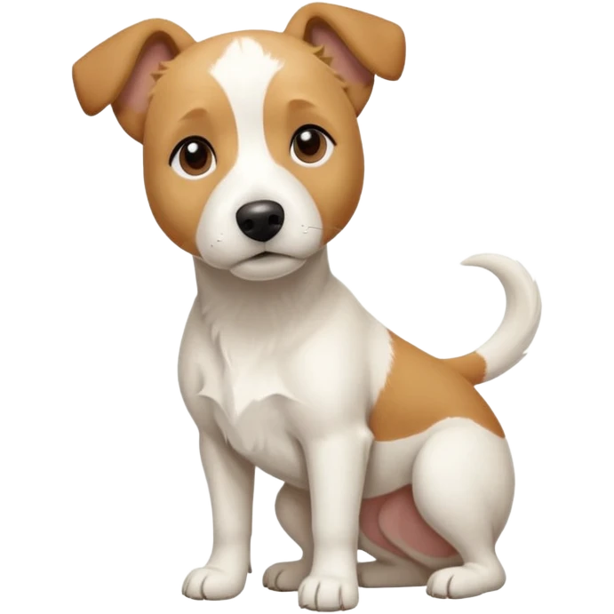 a full body facing front on of a buff white beagle cross jack russell terrier looking dog the size of a kelpie with light brown long ears resting on its face and a light brown patch above one eye and a large snout. the rest of the dog is completely white.  emoji