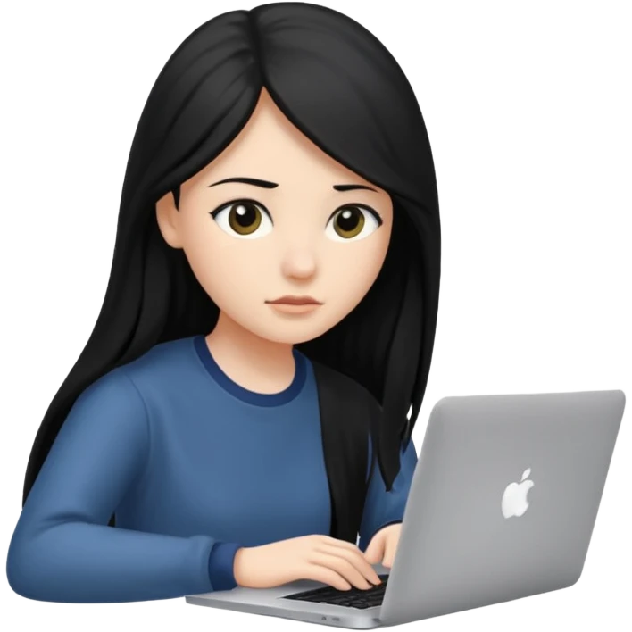 female student with black long hair working on a macbook laptop. emoji