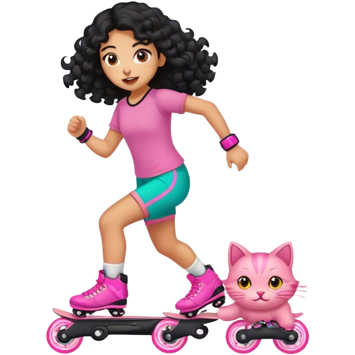 A Mexican girl with curly black long hair running from a pink cat on rollerblades emoji