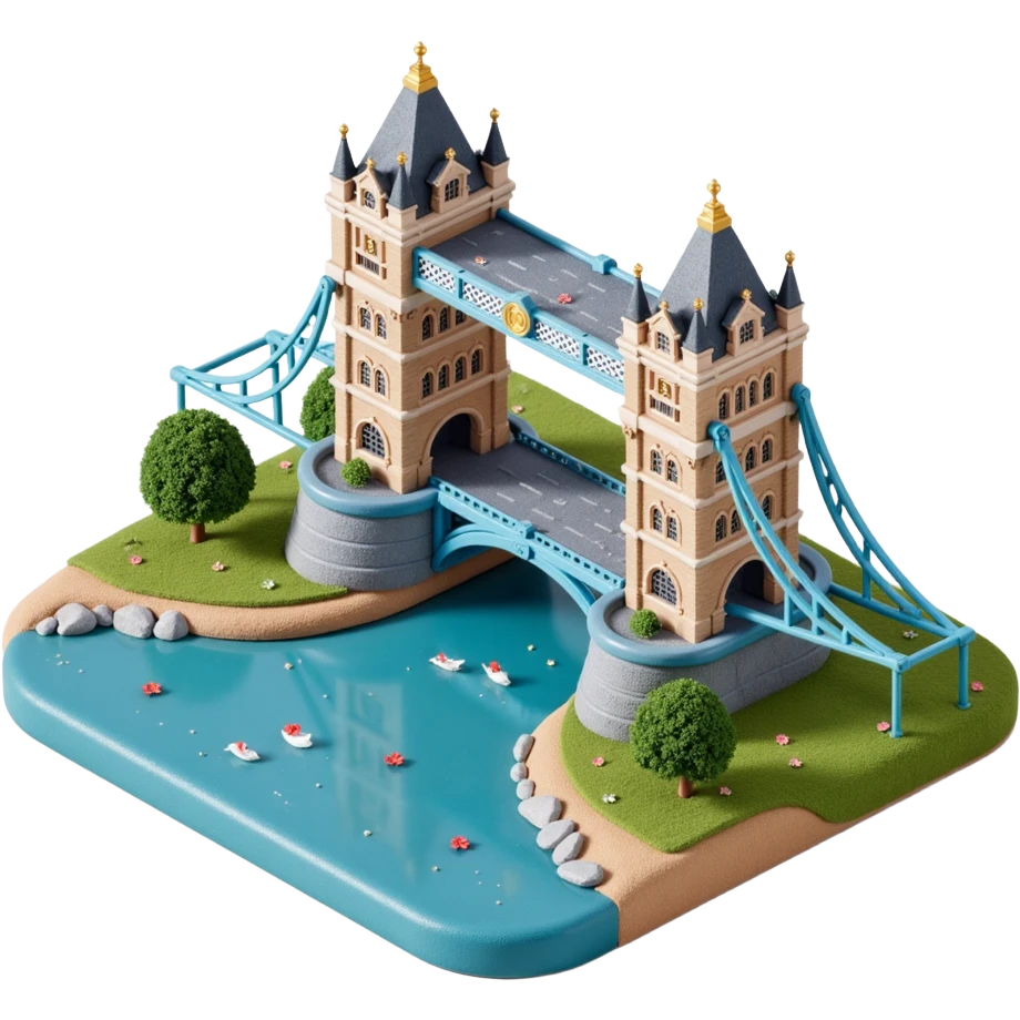 Isometric illustration of London, featuring photorealistic Tower Bridge over a section of river, highly detailed in semi-realistic style with sharp outlines, subtle brick and metal textures, soft shadows, balanced between stylized and realistic, 3D miniature effect, transparent background. emoji