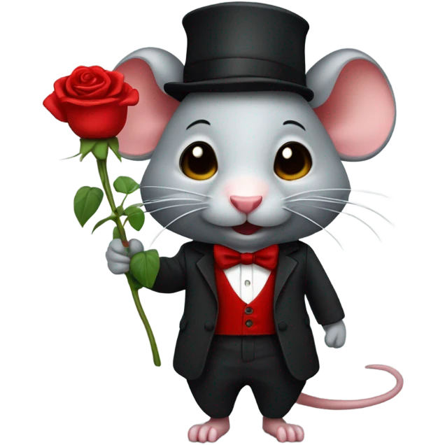 un rat noir avec une rose rouge sur le costume emoji