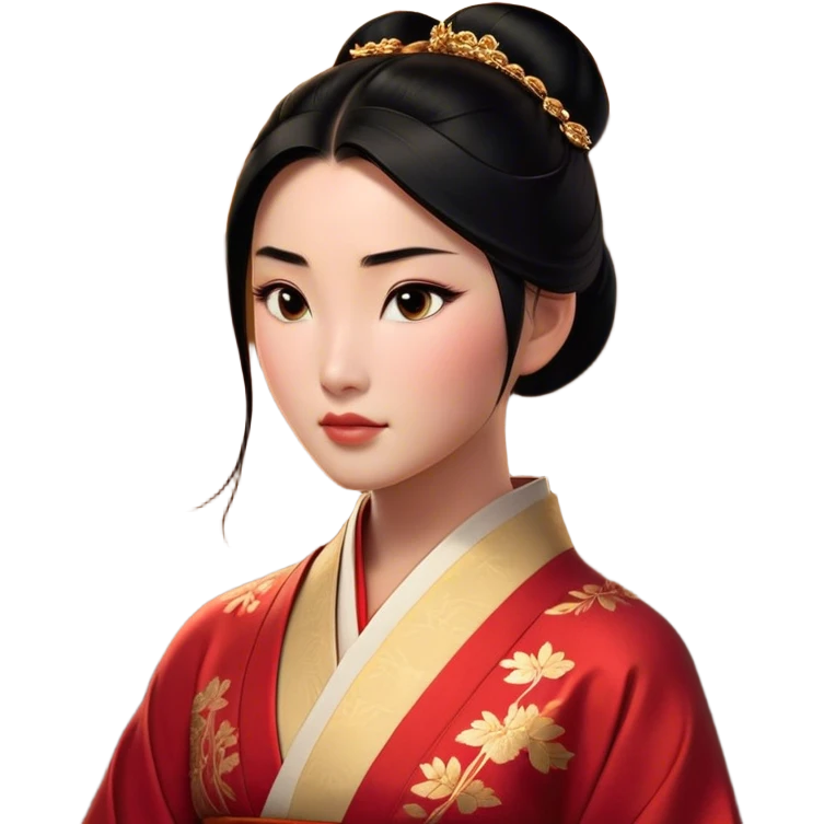 Cinematic Realistic Noble Mulan Portrait, depicted with lifelike, warm light-toned skin that reveals subtle texture and natural shadows. Her sleek black hair is intricately styled into a traditional bun with every strand rendered in exquisite detail, and her almond-shaped eyes, full of quiet resolve, are softly illuminated. She wears a meticulously detailed traditional robe with delicate red and gold accents, its rich fabric textures and gentle folds catching the light beautifully. The portrait radiates a natural, enchanting glow, capturing Mulan’s inner strength and timeless grace in a realistically painterly style. emoji