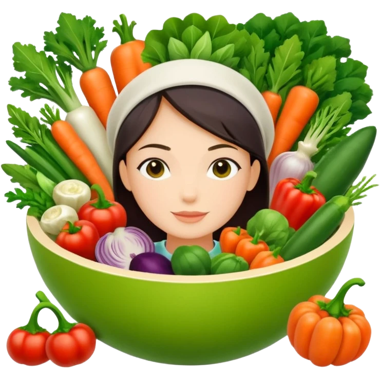 Healthy home cooking humanless avatar in clean style vibrant illustration. Fresh vegetables bowl, green tones, simple shapes, flat design, friendly and light. emoji