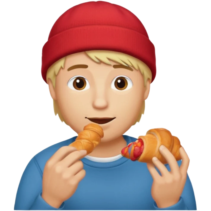 blonde man with beanie eating croissant emoji