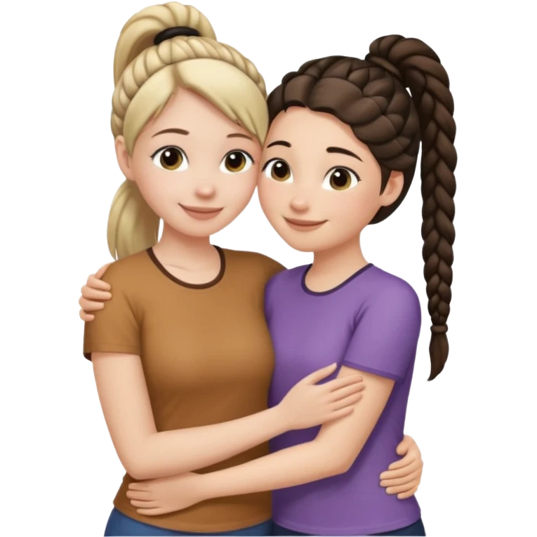 Comforting Hug two white skin women, one shorter woman with medium brown simple top ponytail, not braided, and one taller woman with a single long black side braid emoji