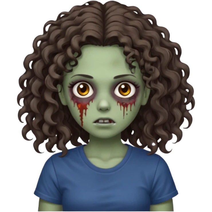 zombie girl with curly hair n brown eyes, dark and long hair 3a with wavy scalp, just a tshirt emoji
