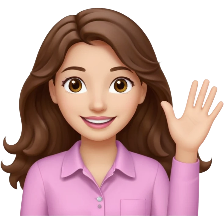 girl with wavy long brown hair, brown eyes, light to medium complexion, long lashes, light pink lipstick, smiling, wearing light pink shirt, waving hello emoji