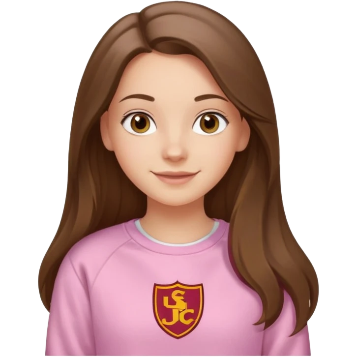 happy white long brunette hair girl with hazel eyes and in light pink sweatshirt with USC in white emoji