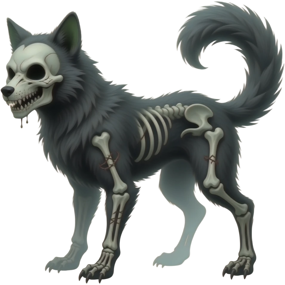 spooky dark bleak blackish swampy white-skeletal gloomy ghostly dark greyish dark-deep-greenish foggy eldritch beautiful realistic edgy fantasy ghoul-like stitched vernid-sergal-fursona animal creature with a tufted tail emoji