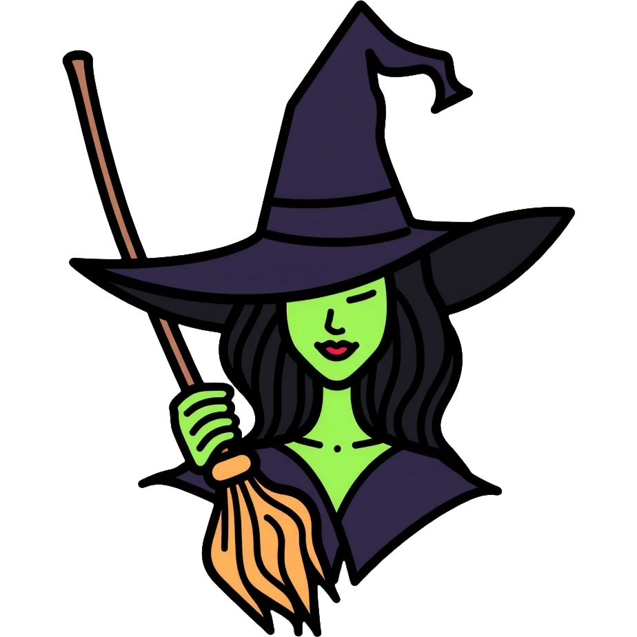 Elphaba from Wicked musical, green-skinned witch with pointy black hat and broom emoji
