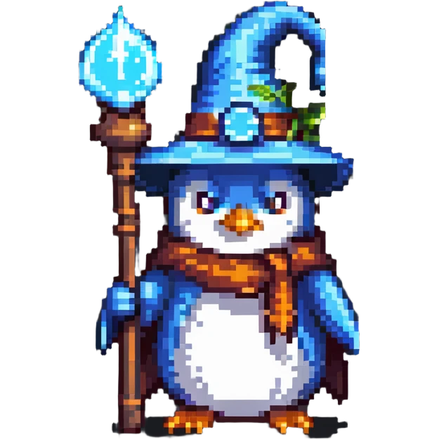 penguin wizard with a pointy hat and magic staff emoji