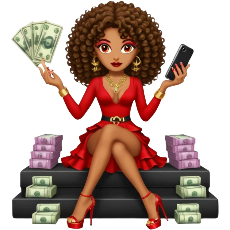 seductress evil brown curly haired sexy drug lord woman with clear glittery platform heels on her feet and devil red horns on her head, holding a stack of cash, has a phone in other hand emoji