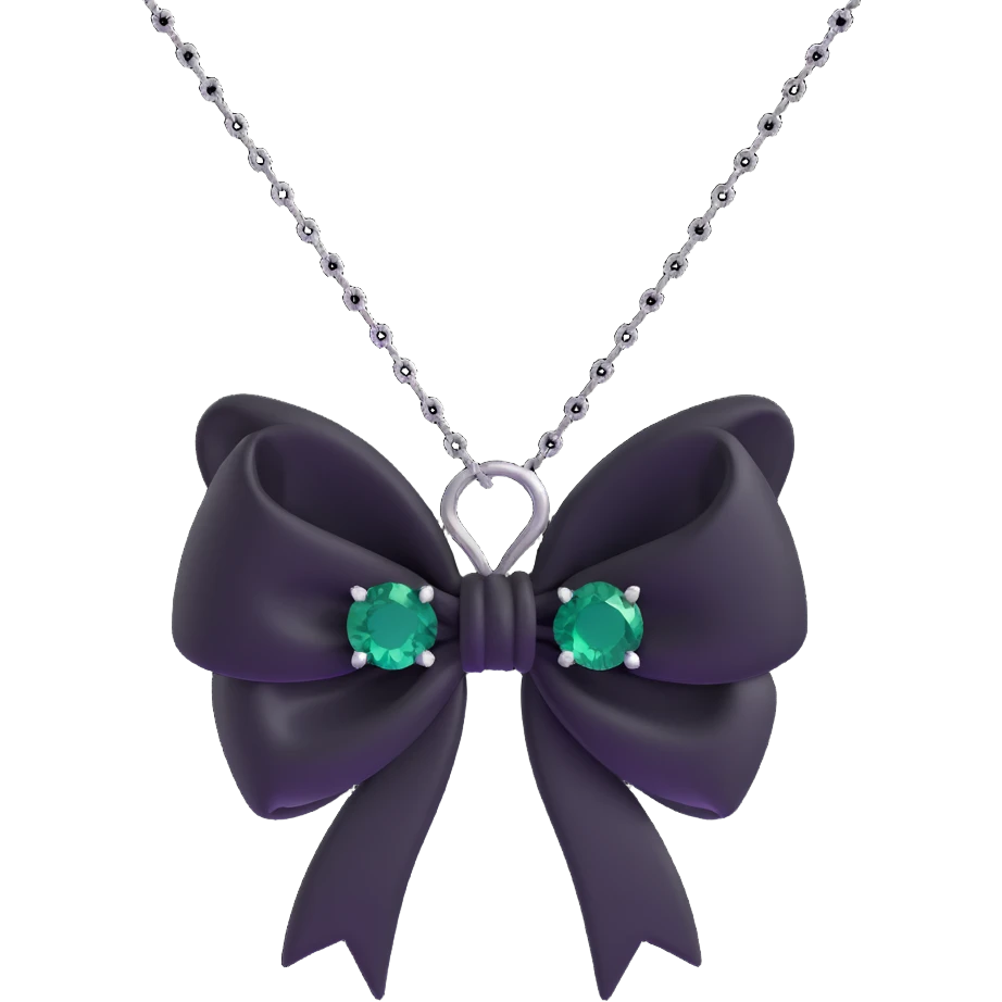 3D emoji gothic bow, black velvet, silver chain, deep emerald gemstone, ornate and dramatic emoji