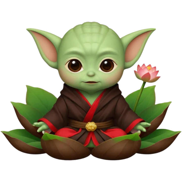 Baby Yoda con su tunica chocolate oscuro sentado dentro de una flor de loto estilo chino algunos contrastes en rojo emoji