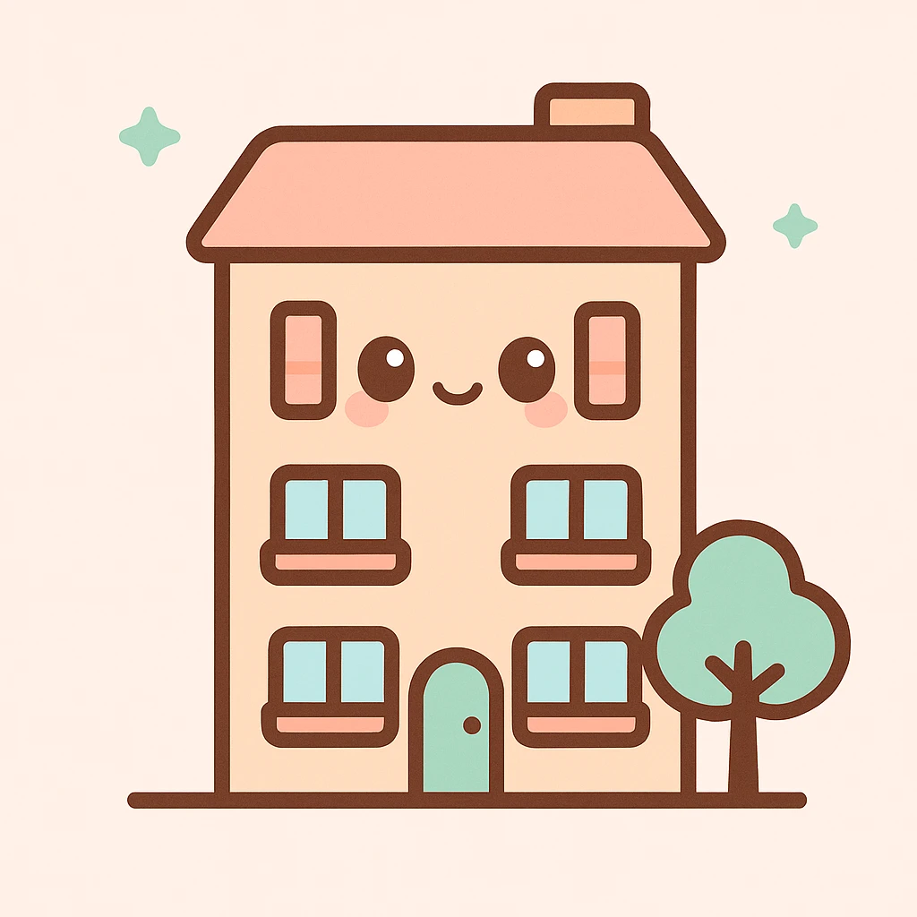 apartment building, kawaii chibi anime style, flat pastel colors, thick outlines, simple cute features, with a small tree emoji