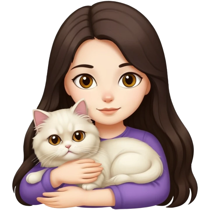 A pretty girl with long dark hair is hugging her light hair persian cat. emoji