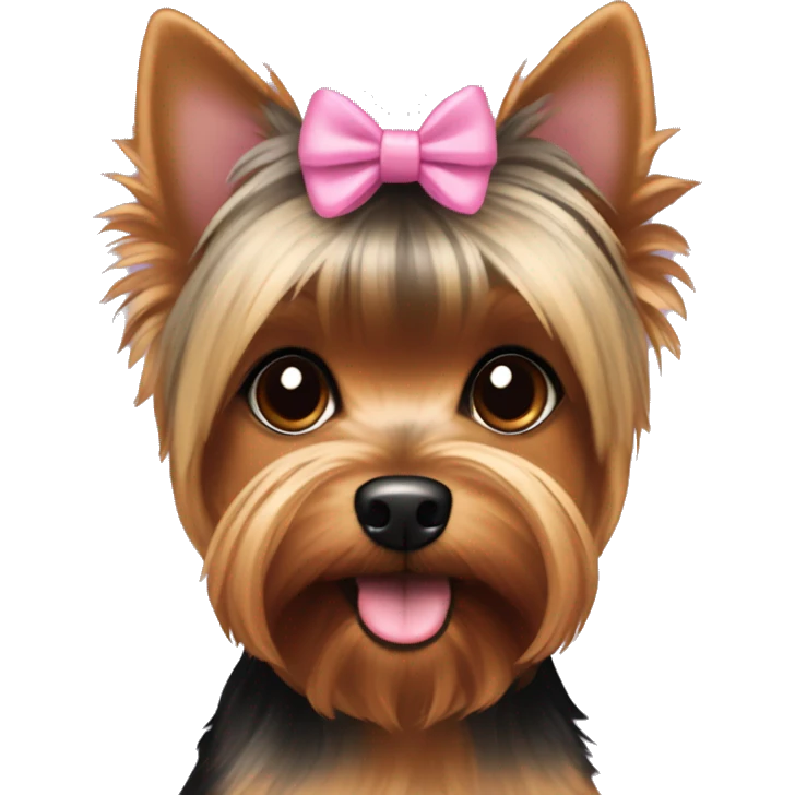 Yorkie Dog with Brown and black fur and brown eyes with short hair and a pink bow in her hair emoji