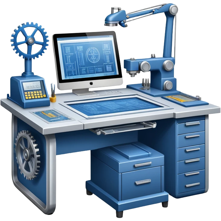 An icon featuring an engineer’s desk with blueprints, a ready machine, and microchips, symbolizing engineering. The design includes gears, tools, and a caliper, representing the design and construction of innovative technologies. Transparent background highlights the precision emoji