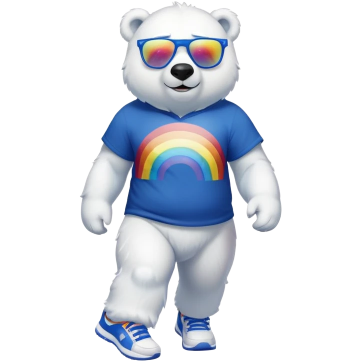 muscular friendly anthropomorphised polar bear walking confidently, wearing a royal blue t-shirt, black pants, white trainers, and oversized rainbow glasses emoji